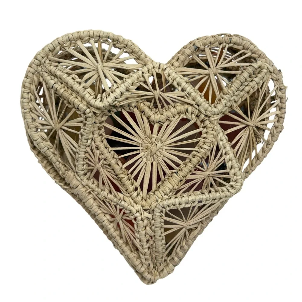 Vintage Heart Wicker Basket Trinket Box with Frosted Glass Hearts Scented Boho